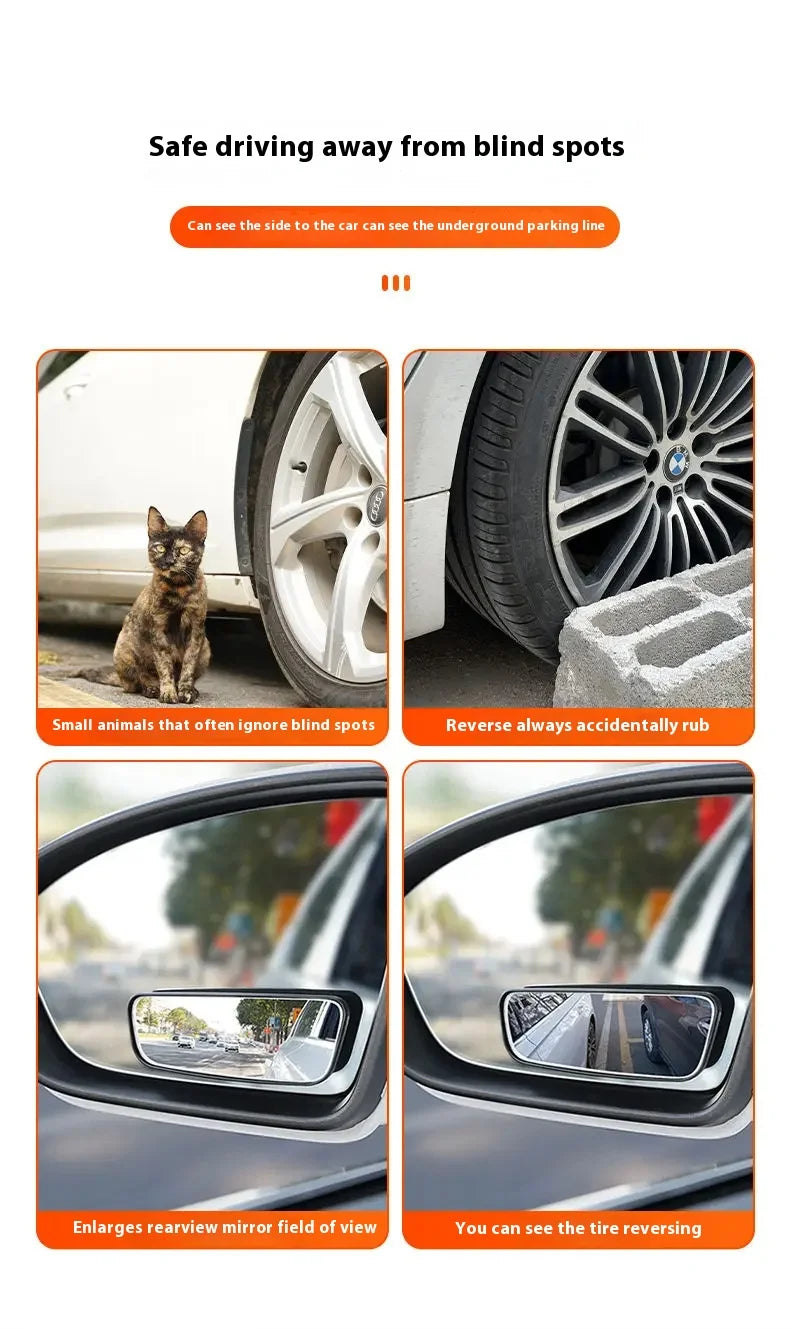 A set of 360° adjustable blind spot mirrors for cars showing how they help drivers see around blind spots and tire reversing.