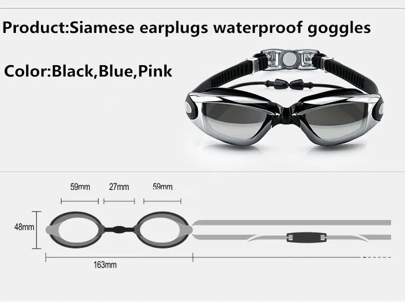 Ein Paar wasserdichte Schwimmbrillen in Schwarz, Blau und Pink mit einer Dimensiondiagramm.