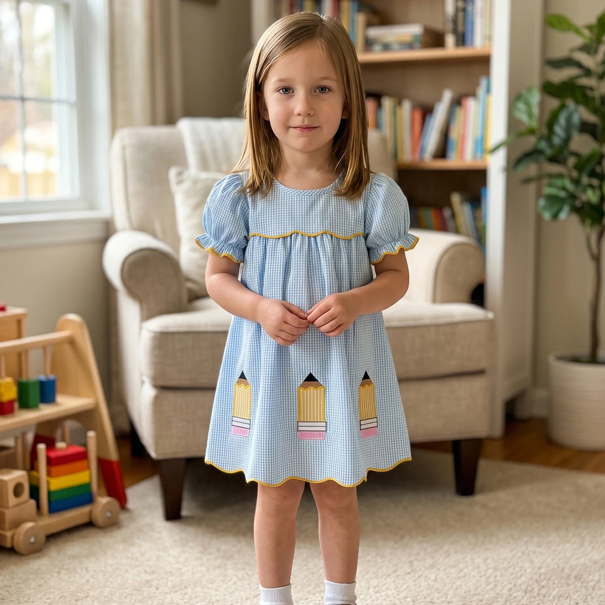 Girls' Plaid A-Line Summer Dress with Embroidered Details