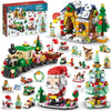 A set of Christmas advent calendar building blocks featuring a wooden train, a Christmas tree, and various festive elements.