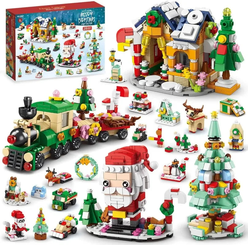 A set of Christmas advent calendar building blocks featuring a wooden train, a Christmas tree, and various festive elements.
