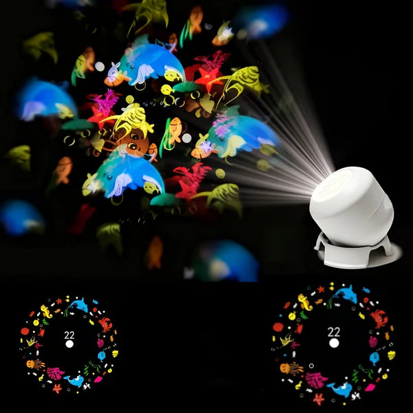 Luz proyectora giratoria de 360° que muestra criaturas marinas coloridas y brillantes contra un fondo oscuro.