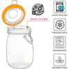 Wide mouth glass mason jar with an orange lid showing features like good sealing, freezer safety, dishwasher safe, and SAFE B