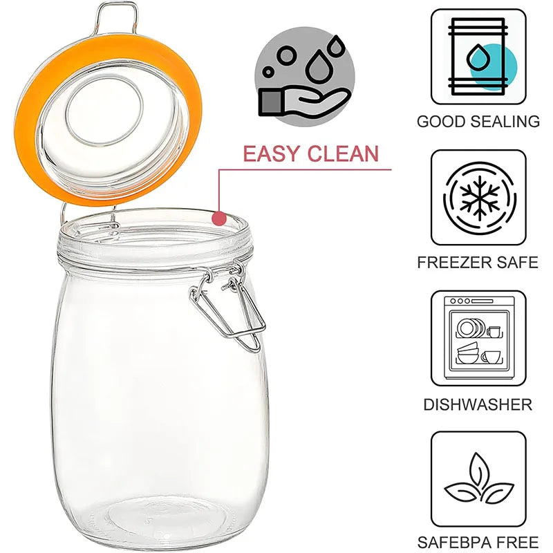 Wide mouth glass mason jar with an orange lid showing features like good sealing, freezer safety, dishwasher safe, and SAFE B