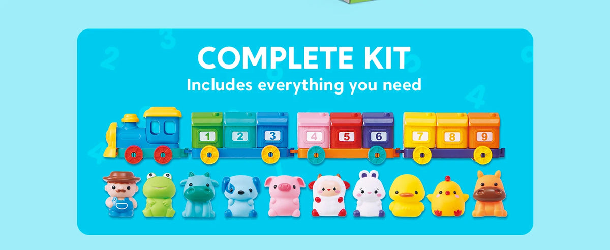 A complete kit of farm animal figures and a counting train with numbered blocks for sorting and matching.
