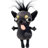 A black plush chihuahua dog with yellow eyes and a pink tongue, shown from the back.