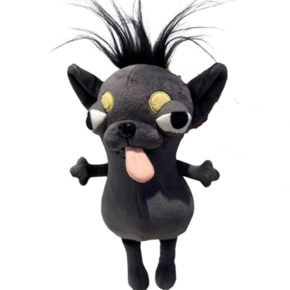 A black plush chihuahua dog with yellow eyes and a pink tongue, shown from the back.