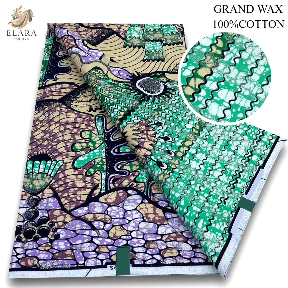 A roll of pink glitter African wax print fabric featuring intricate patterns in purple, green, and black on a white backgroun
