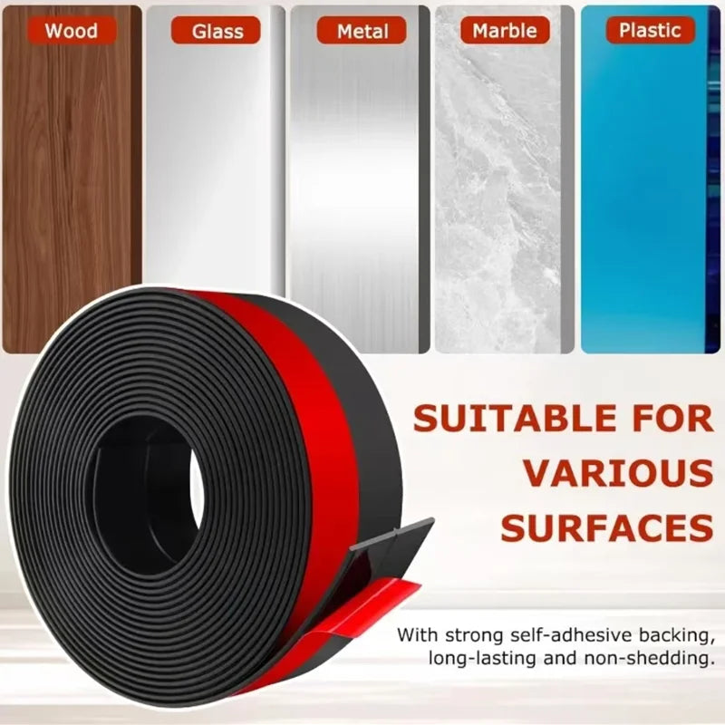 Roll of black and red self-adhesive door draft stopper for soundproofing and insulation