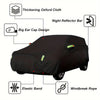 Black all-weather car cover featuring a thickening Oxford cloth, night reflector bar, elastic band, and windbreak rope.