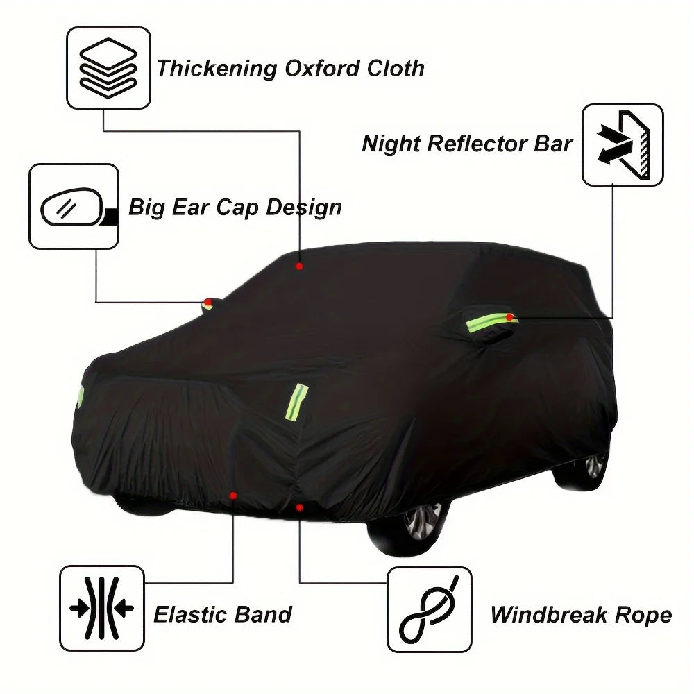 Black all-weather car cover featuring a thickening Oxford cloth, night reflector bar, elastic band, and windbreak rope.