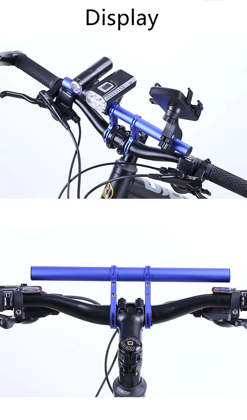 A close-up view of an aluminum alloy bicycle handlebar extender mount installed on a bike's stem.