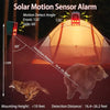 Solar motion sensor alarm demonstrating detection angles and distance with a bear silhouette.