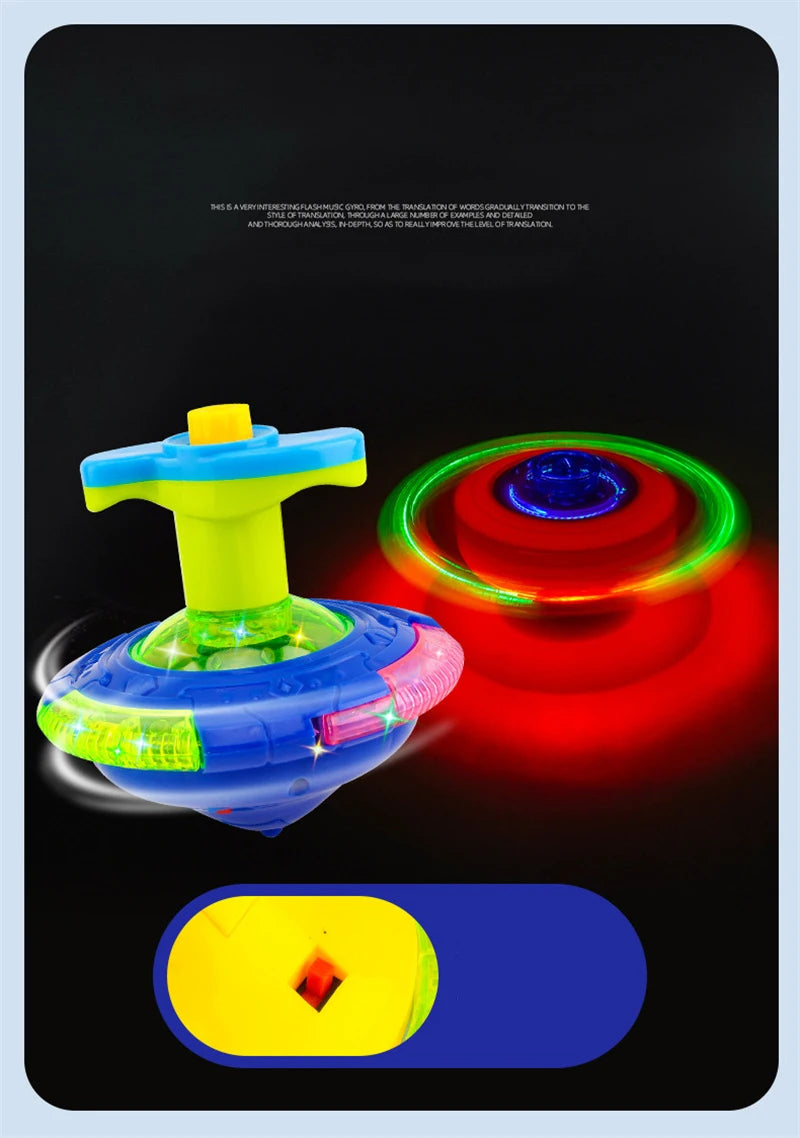 A glowing musical spinning top with a blue body, yellow top, and green accents, set against a dark background.