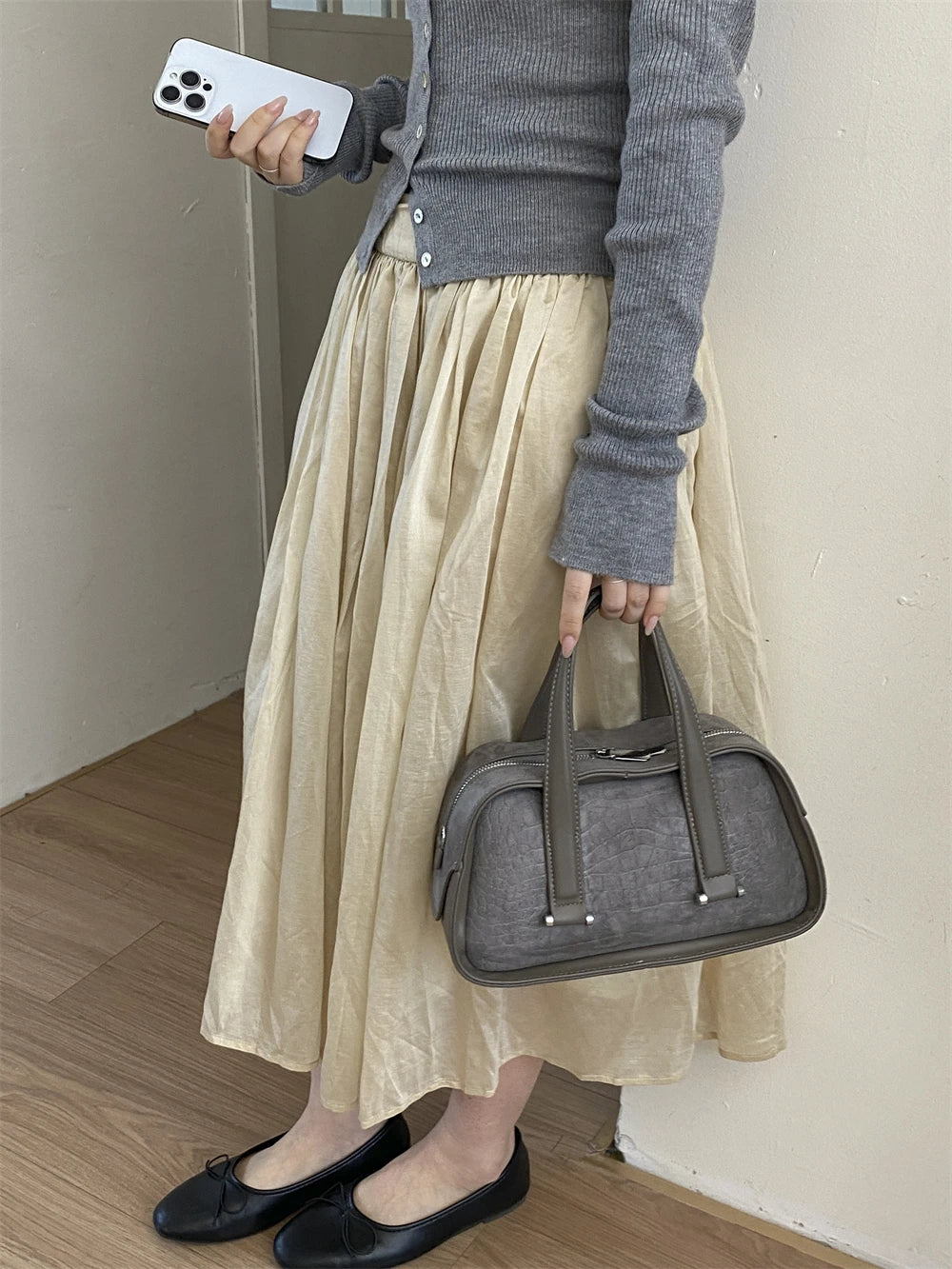 Vintage Croc-Embossed Mini Boston Bag with Dual Straps