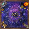 A mystical zodiac tarot tablecloth featuring a purple background with celestial symbols and zodiac signs.