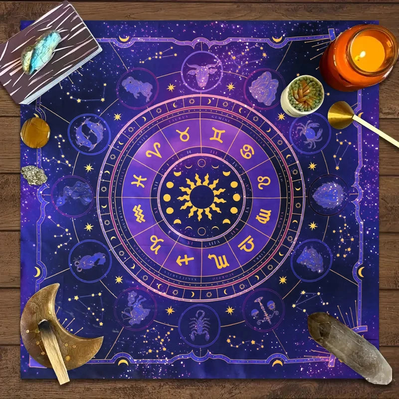 A mystical zodiac tarot tablecloth featuring a purple background with celestial symbols and zodiac signs.