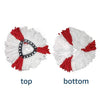 A pair of white and red fabric mop heads, showing the top and bottom views of a 360° rotating spin mop head replacement.