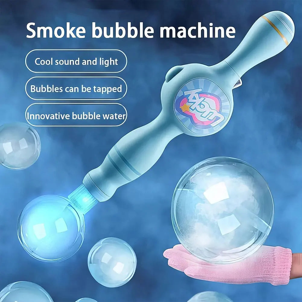 A blue smoke bubble machine is shown with a large bubble, demonstrating its ability to create cool sound and light.
