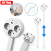 A white rotating wall outlet extender with multiple USB ports and an EU plug adapter shown alongside diagrams.