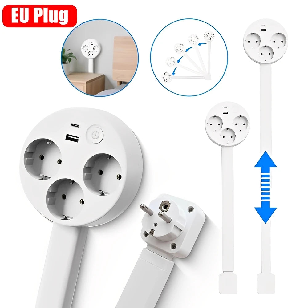 A white rotating wall outlet extender with multiple USB ports and an EU plug adapter shown alongside diagrams.