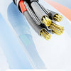 Close-up of a magnetic fast charging cable with gold connectors and black insulation against a light blue background.
