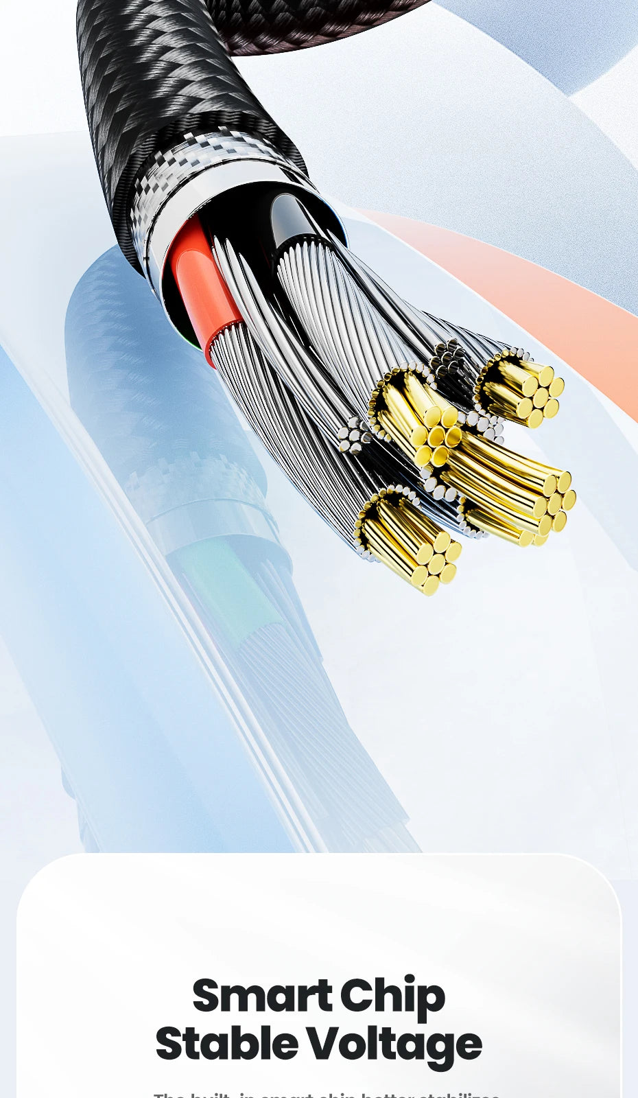 Close-up of a magnetic fast charging cable with gold connectors and black insulation against a light blue background.