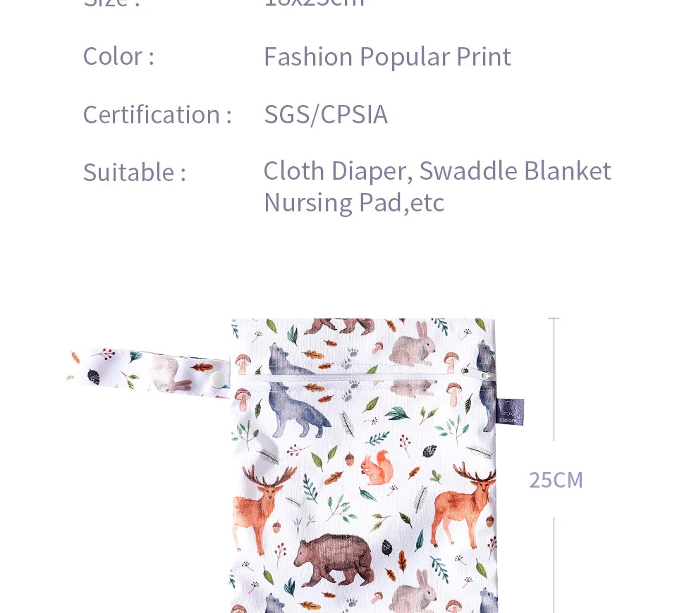 A white fabric diaper or swaddle blanket featuring a pattern of various woodland animals like deer, bears, and rabbits.