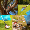 A foldable grabber tool is shown in various contexts, including reaching branches, picking up trash, and garden cleanup.