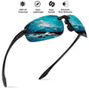 Rimless polarized sports sunglasses featuring a blue and white mountain design with UV protection and glare reduction feature