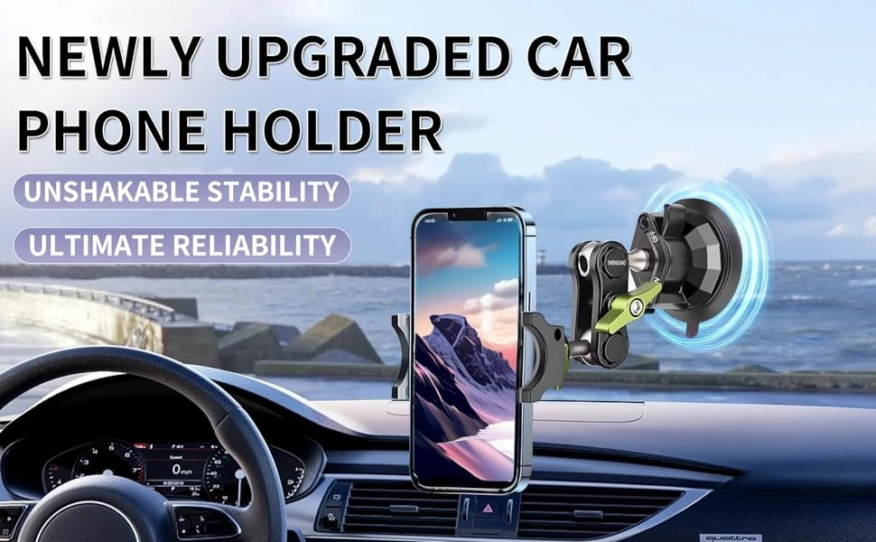 Newly upgraded car phone holder mounted on a dashboard, showing its stability and reliability.