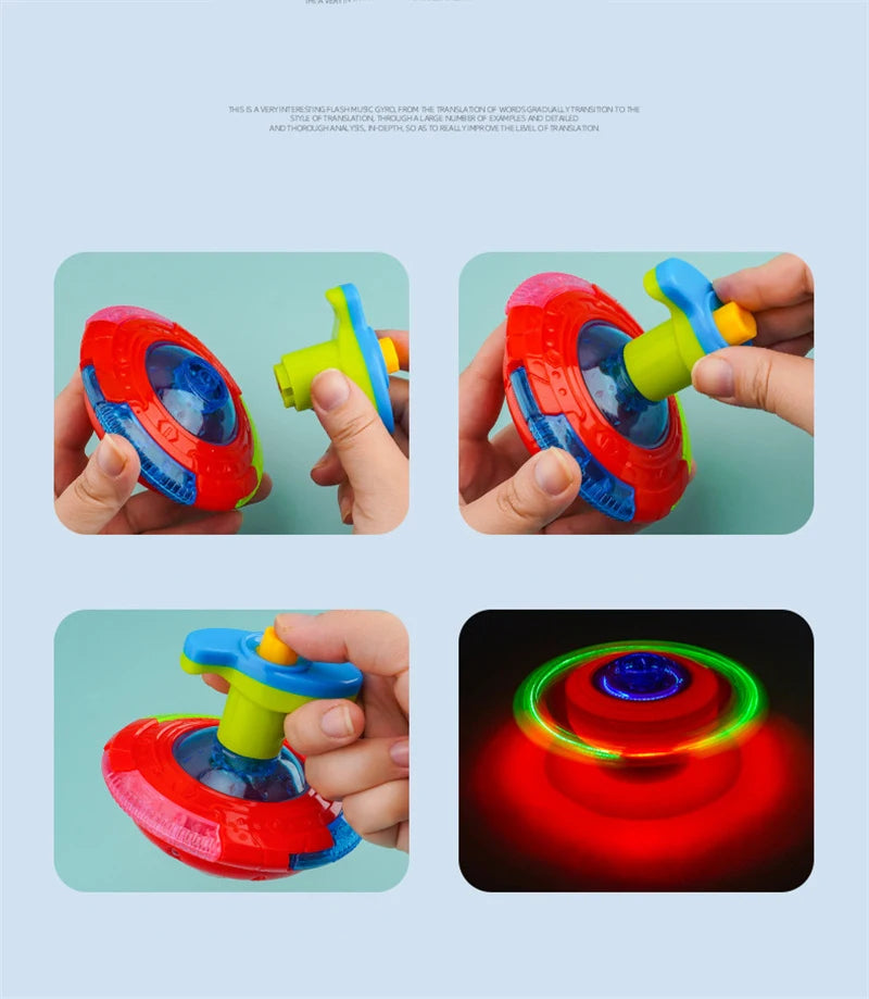 A hand holds a red and blue glowing musical spinning top, demonstrating its vibrant colors and design.