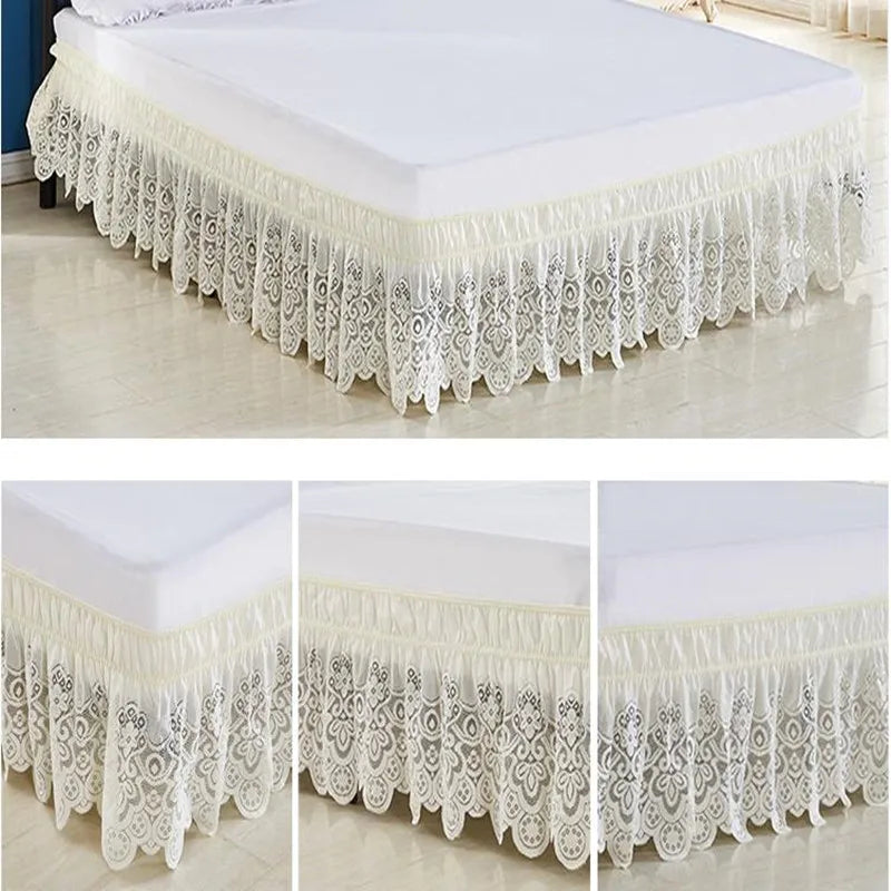 White jacquard lace bed skirt with an elastic band and a 15 inch drop