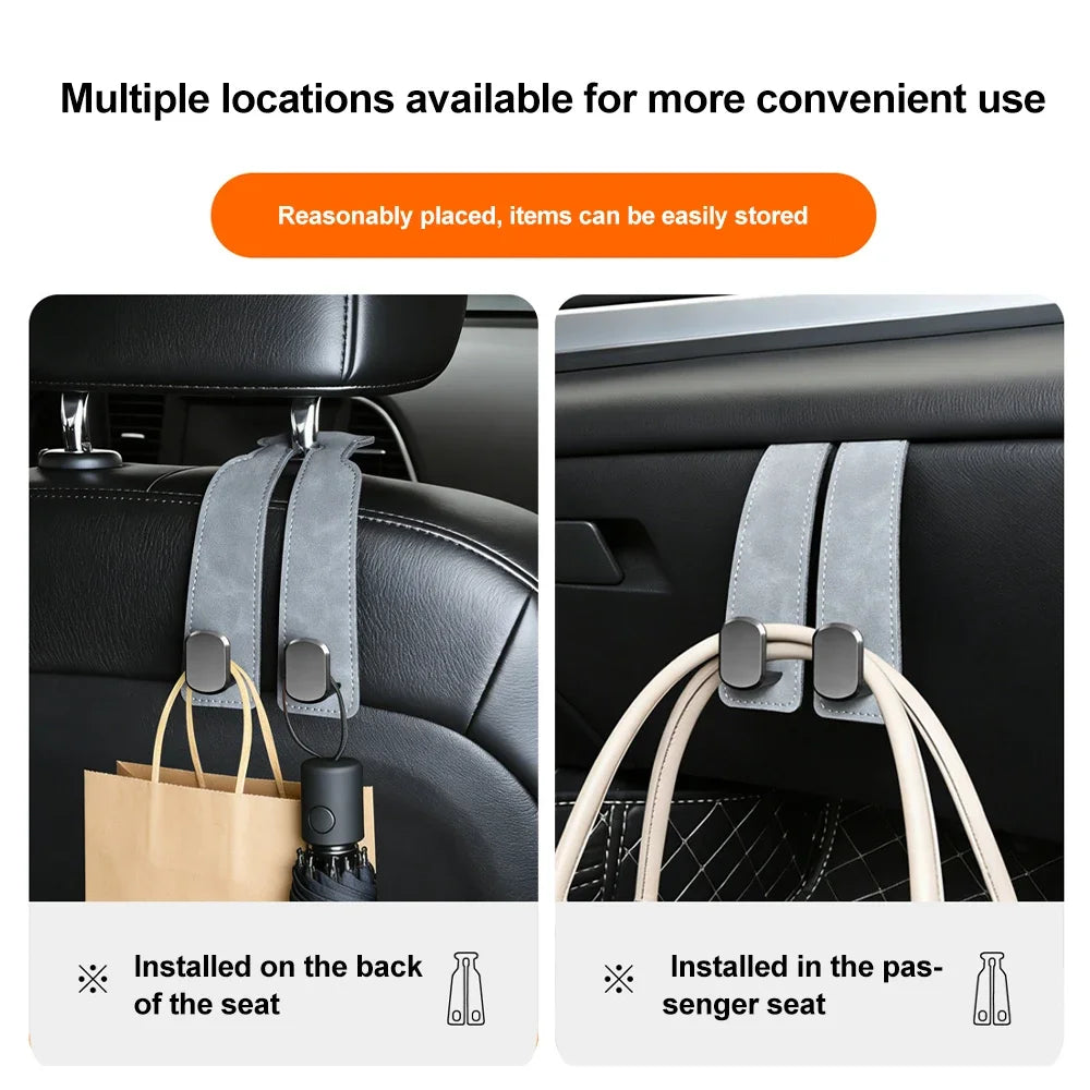 Car seat back hook with suede finish installed on the back of the seat and in the passenger seat for hanging bags