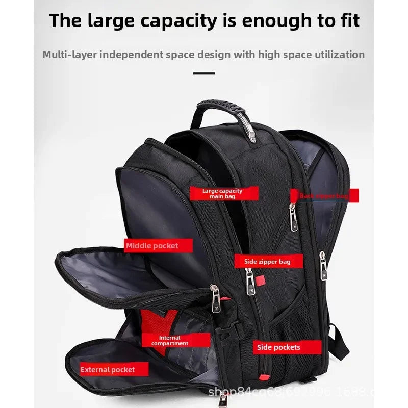 Black multi-layer independent space design backpack showing various pockets and compartments