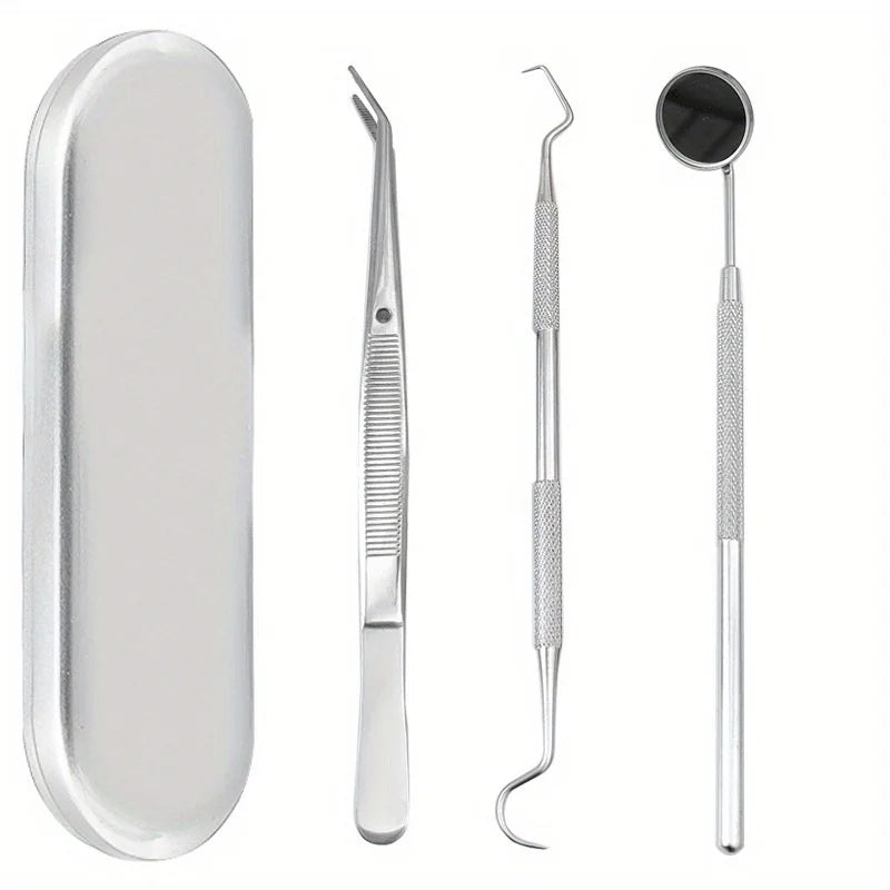 A set of premium stainless steel dental care tools for oral hygiene, including a scaler and a mirror.