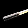 An RGB metal lightsaber with a silver grip and a glowing yellow blade against a black background.