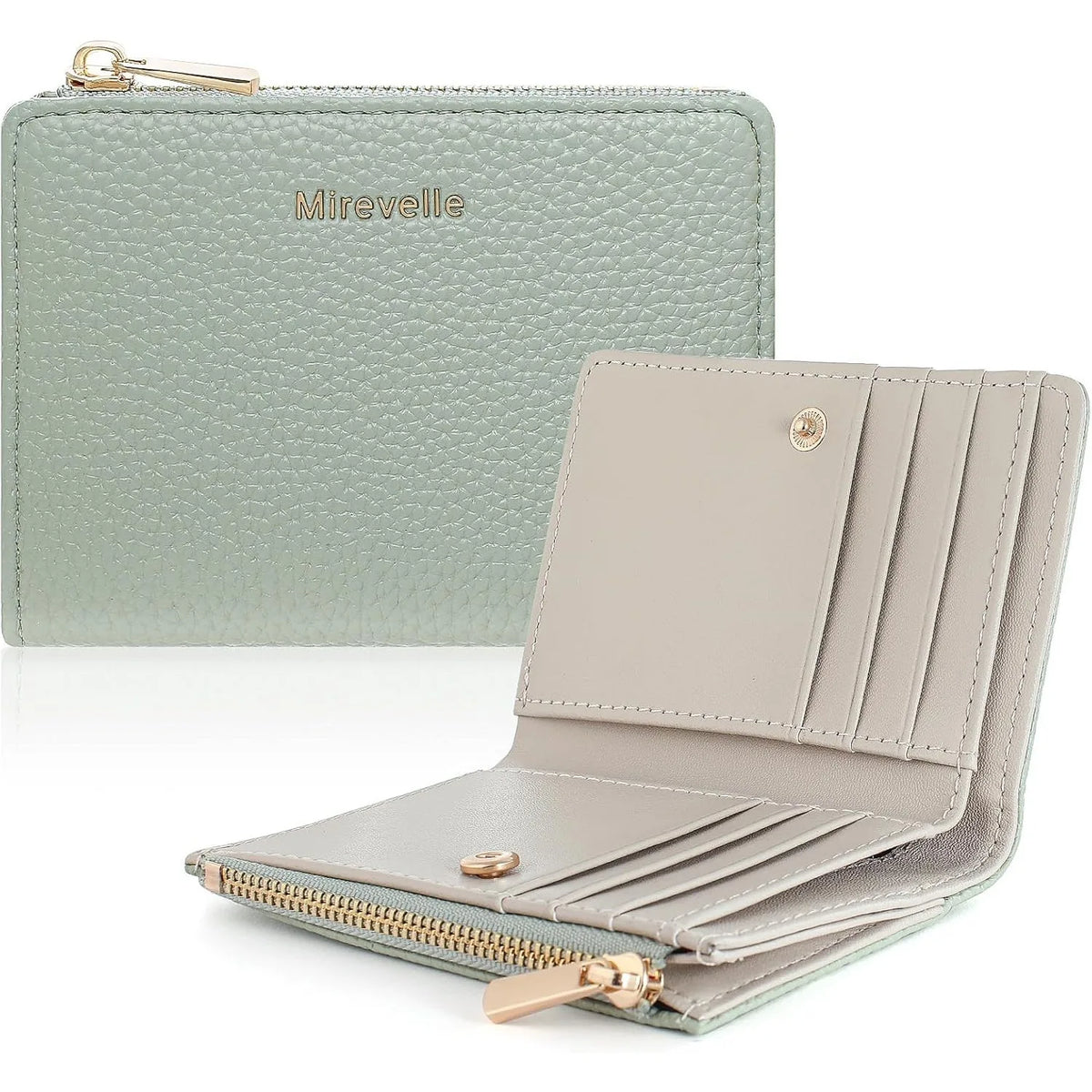 A light sage green slim bi-fold wallet with gold hardware and a beige leather interior.