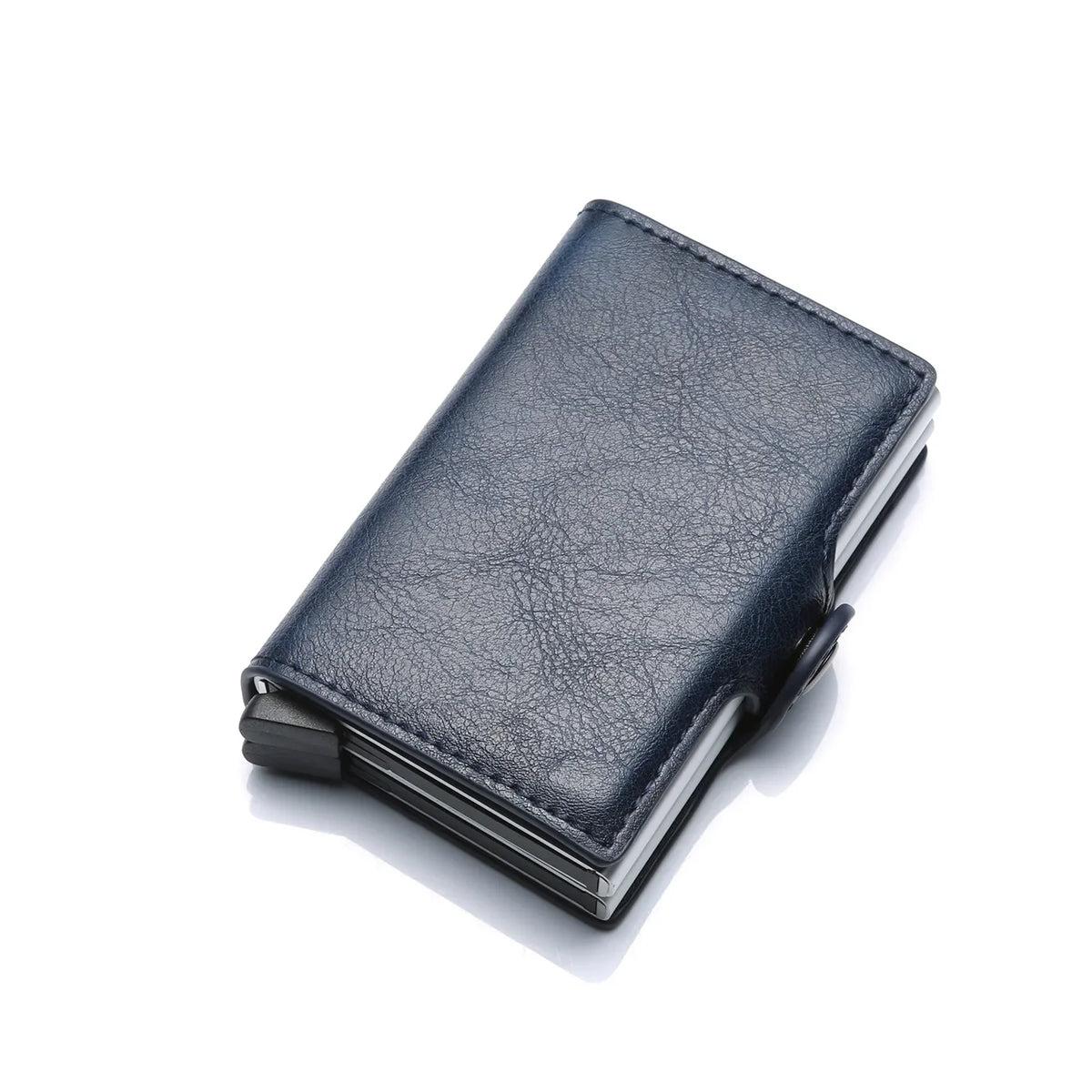 A dark blue leather slim wallet with a black foldover design.