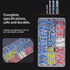 A clear plastic container holds various waterproof heat shrink solder wire connectors in different colors and sizes.