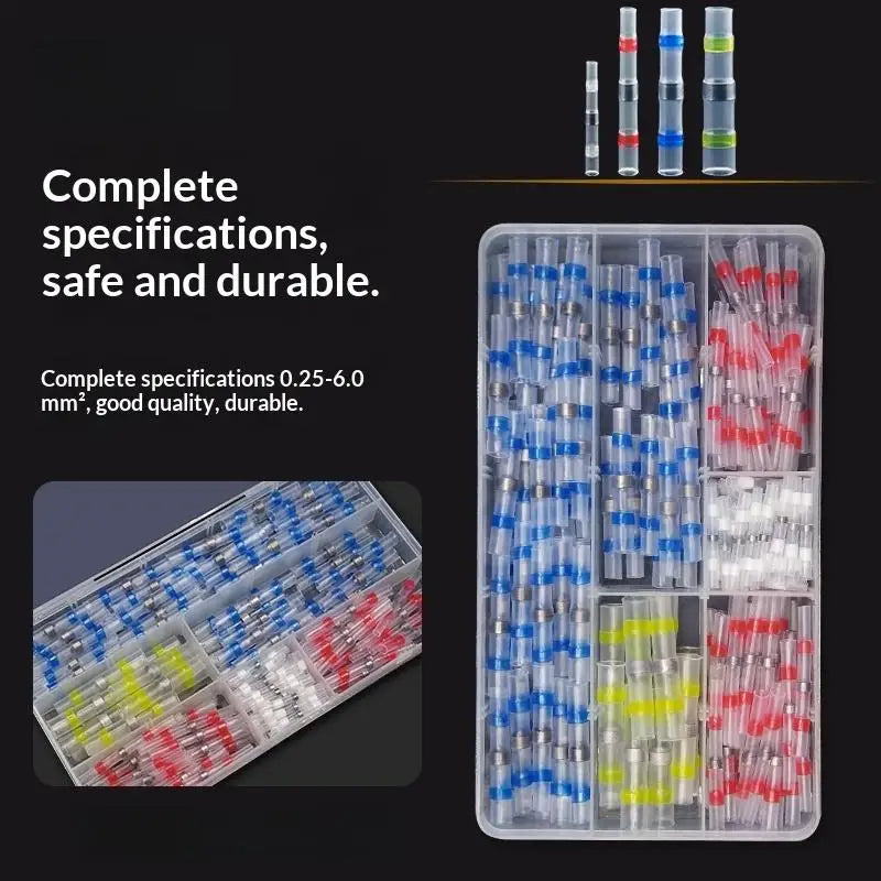 A clear plastic container holds various waterproof heat shrink solder wire connectors in different colors and sizes.