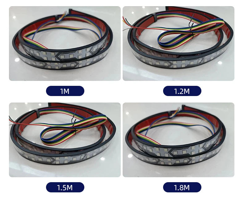 A set of RGB LED tailgate light bars shown in various lengths, including 1M, 1.2M, 1.5M, and 1.8M.