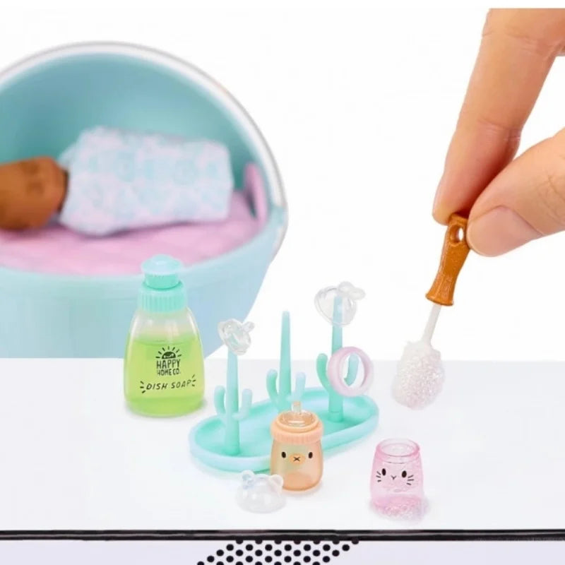 A set of mini doll accessories including food items and various small plastic parts for DIY play