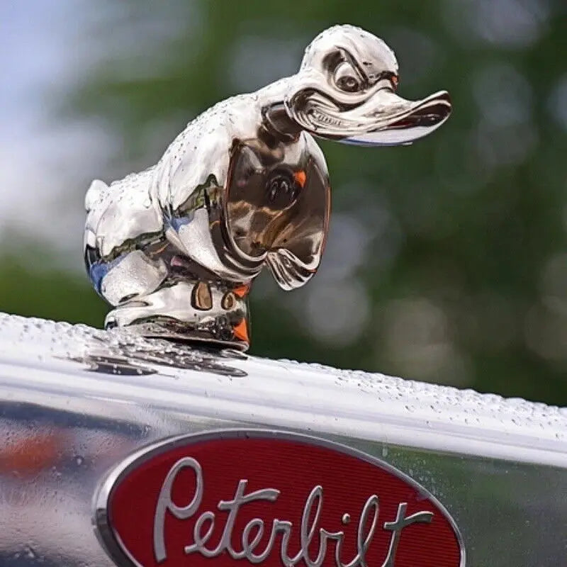 A silver resin duck hood ornament is mounted on a vehicle's fender.