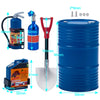 A set of 1/10 scale RC crawler decoration including a fire extinguisher, shovel, and oil drum in blue and black.