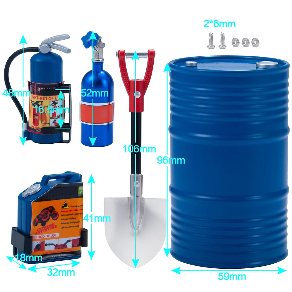 A set of 1/10 scale RC crawler decoration including a fire extinguisher, shovel, and oil drum in blue and black.