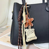 Kawaii Cartoon Linen Keychain – Cute Coffee & Bread Design with Leather Heart Pendant