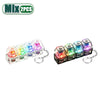 A set of six colorful LED clickable fidget keychains with a keyboard design.