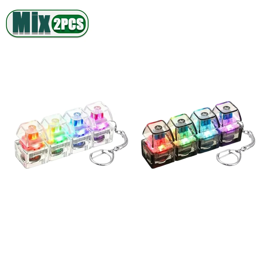A set of six colorful LED clickable fidget keychains with a keyboard design.