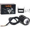 A black LED motorcycle projector headlight assembly with a dual-color beam and mounting bracket.